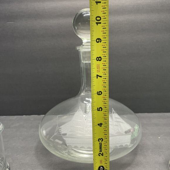 Glass Decanter & 2 Rocks Glasses w/Etched Sailing Ship Frosted White Nautical - Picture 6 of 8